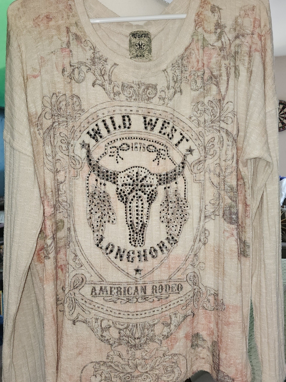 Vocal Beige Long Sleeve 'Wild West' Graphic Tee with Stud Accents